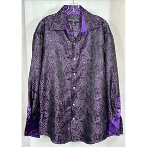 Stacy Adams XL Black Purple Paisley Dress Shirt Satin Cuffs 34/35 Sleeve